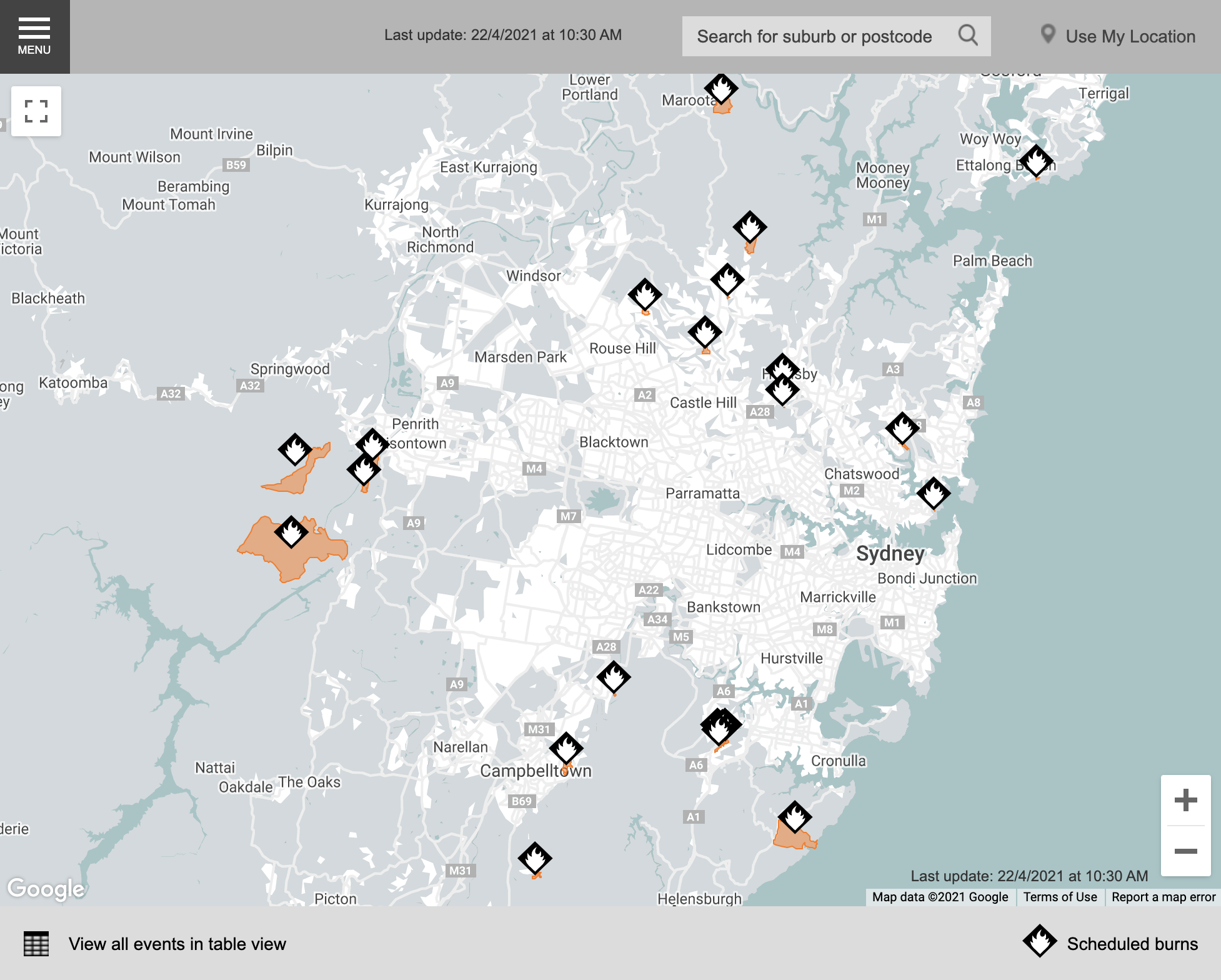 Ring of (planned) fires around Sydney