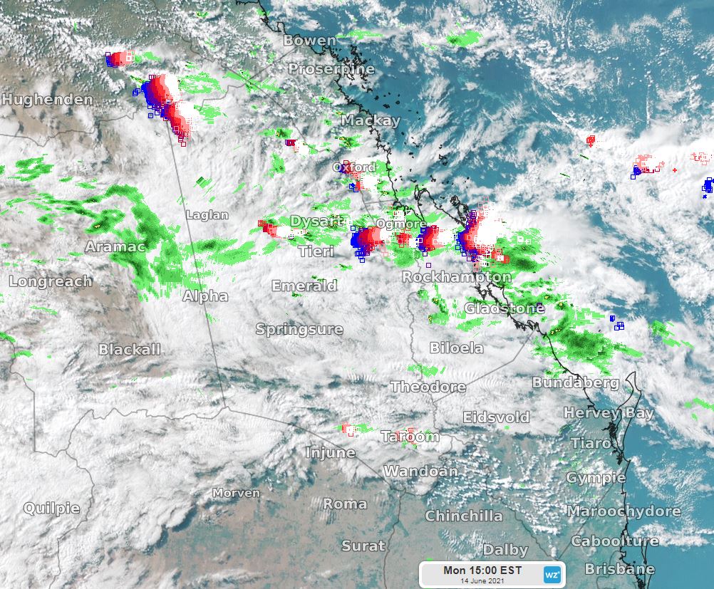 Severe thunderstorms sparking up over central eastern Queensland