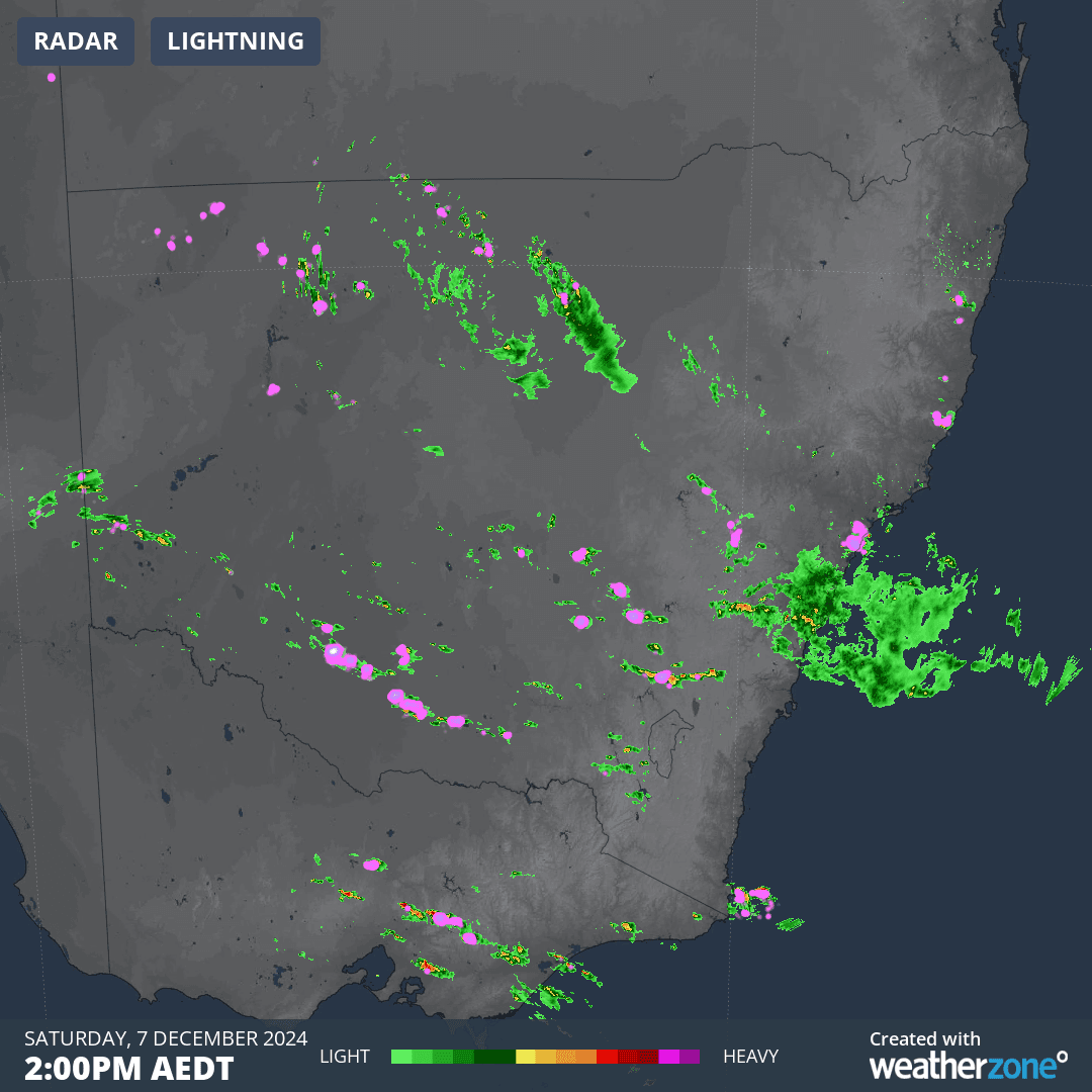Image: RADAR and lightning across NSW at 2pm AEDT Saturday, 7 December 2024. Source: Weatherzone