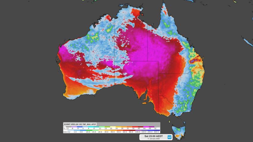 Image: Forecast maximum temperature and accumulated daily rainfall on Saturday, January 11, 2025. Source: Weatherzone.