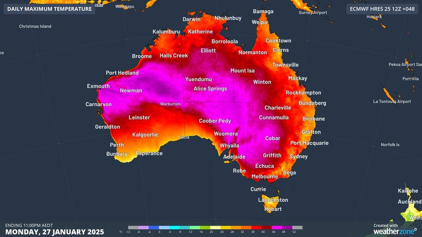 Image: Forecast maximum temperature for Monday 27th according to ECWMF. Source: Weatherzone