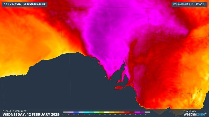 Image: A vast area of South Australia saw temperatures in the mid-to-high 40s on Feb 12, 2025. Source: Weatherzone