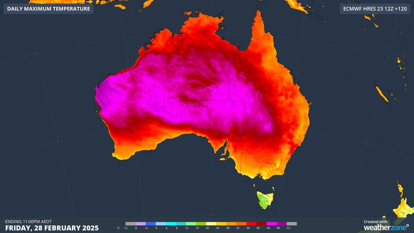 Image: Maximum temperatures predicted for Australia on Friday, Feb 28, 2025. Source: Weatherzone