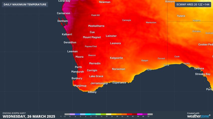Image: Forecast maximum temperature on Wednesday, March 26. Source: Weatherzone.