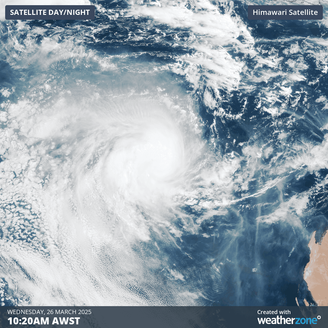Image: Satellite image on Wednesday, March 26, showing Tropical Cyclone Courtney northwest of the Pilbara. Source: Weatherzone