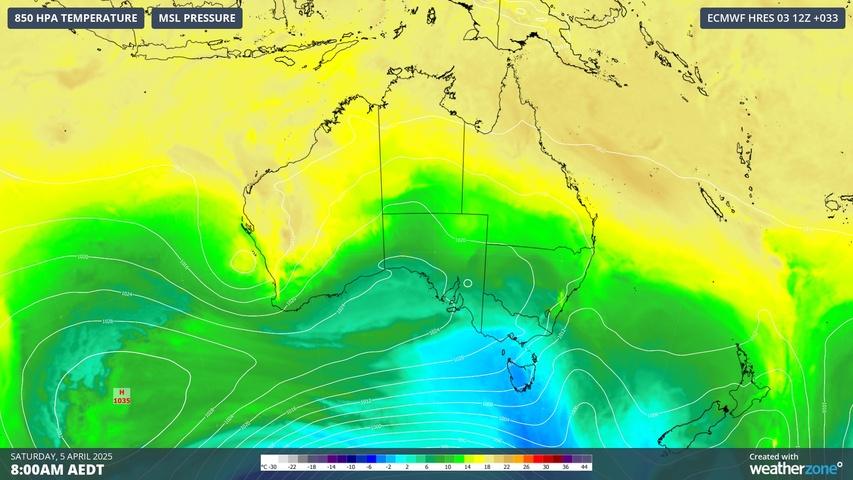 Image: Cold air spreading over Tasmania on Saturday morning. Source: Weatherzone.