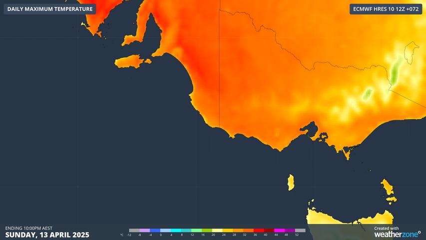 Image: Expected maximums on Sunday April 13, across SE Australia. Source: Weatherzone