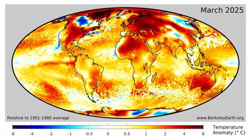 Image: Australia was one of the global hotspots for temperature anomalies in March, 2025. Source: Berkeley Earth