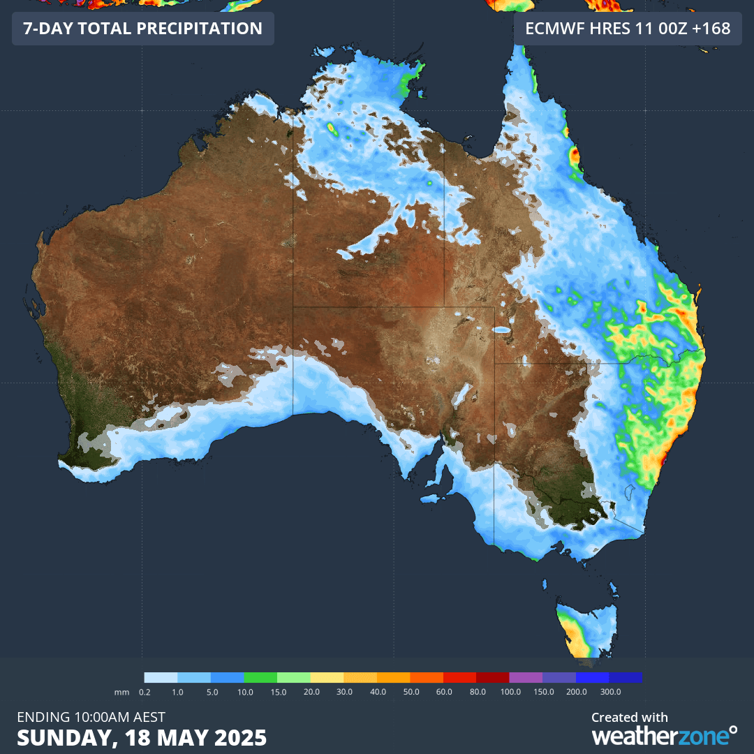 Image: Weekly rainfall accumulation across Australia to Sunday 18th May. Source: Weatherzone