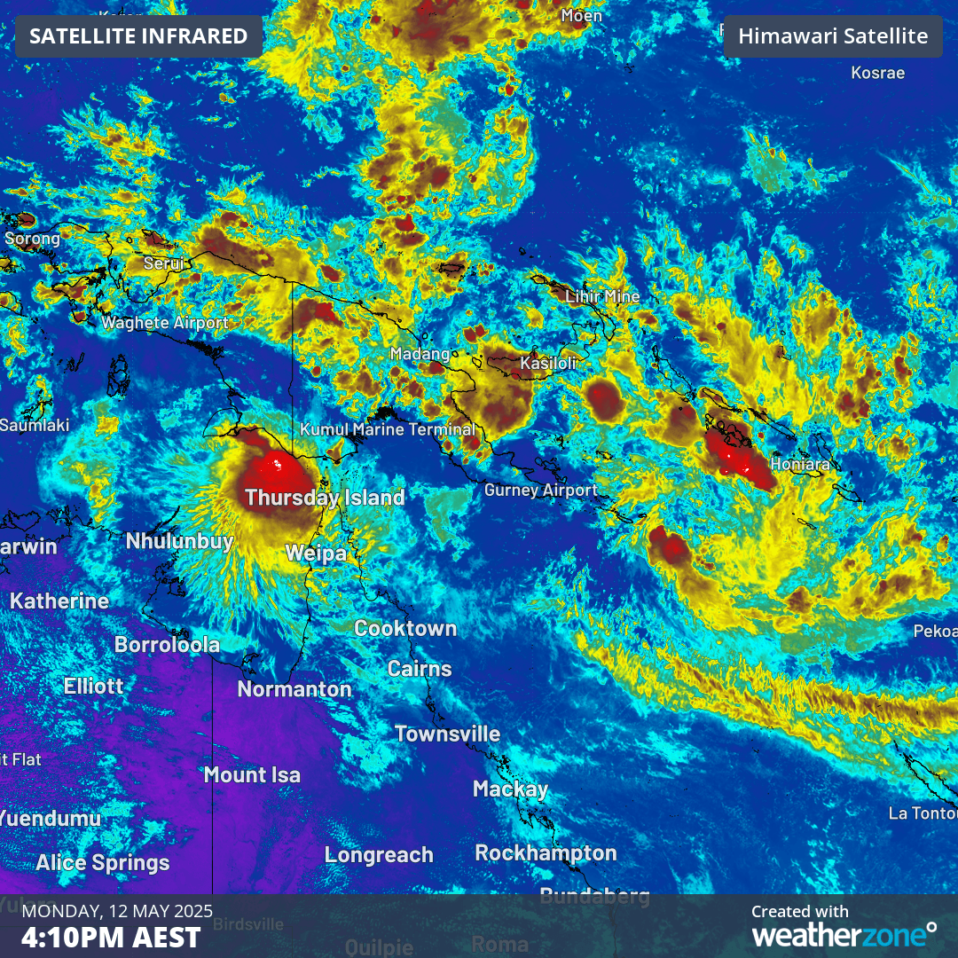 Image: Satellite showing Tropical Lows 33U and 34U over the northern Arafura Sea, and Solomon Sea, respectively, on Monday, May 12. Source: Weatherzone