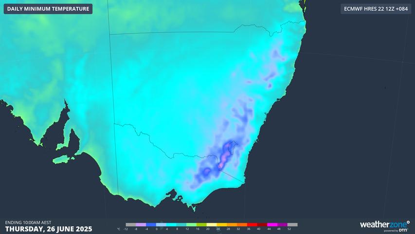 Image: Modelled minimum temperatures over Australia's southeast mainland this Thursday. Source: Weatherzone.