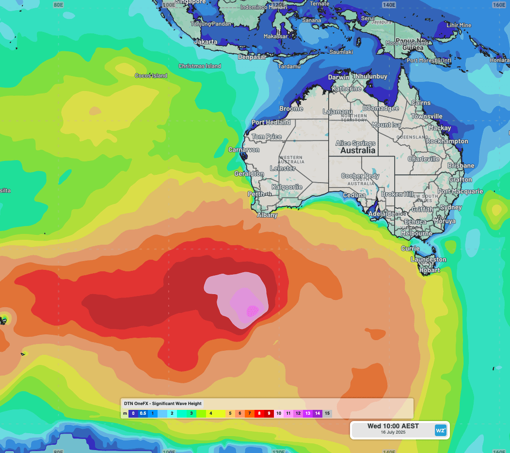 Image: OneFX significant wave heights to the south of Australia at 10am on Wednesday, July 16, 2025. Source: Weatherzone