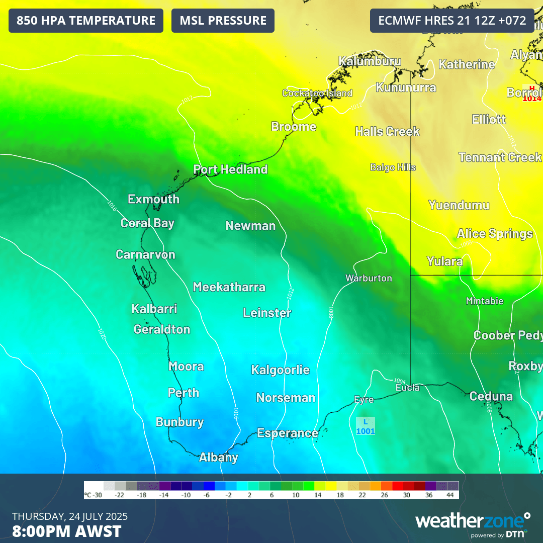 Image: Cold air surging over Western Australia on Thursday, July 24, 2025. Source: Weatherzone