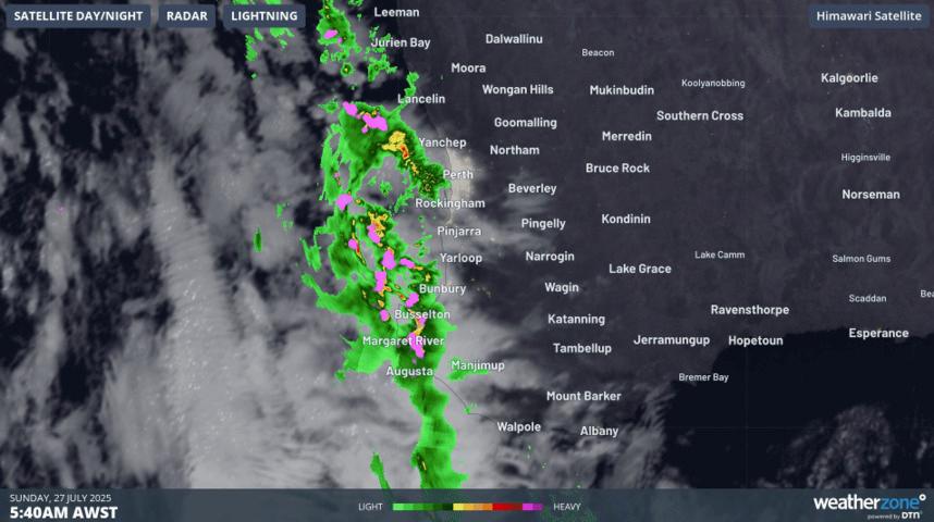 Image: Visible satellite showing the convective activity over southwest WA on the morning of Sunday, 27th July, 2025. Source: Weatherzone