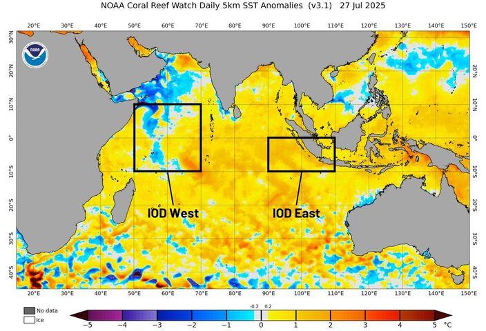 Image: Sea surface temperature anomalies across the Indian Ocean and the IOD monitoring regions on July 27, 2025. Source: NOAA