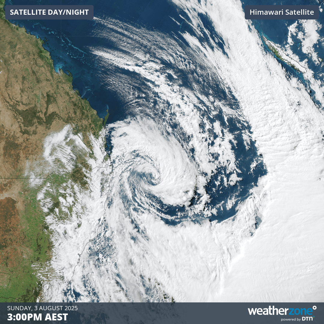Image: Satellite imagery showing the spiraling cloud of the low pressure system sitting off NSW’s north coast on Sunday afternoon, August 4, 2025.. Source: Weatherzone