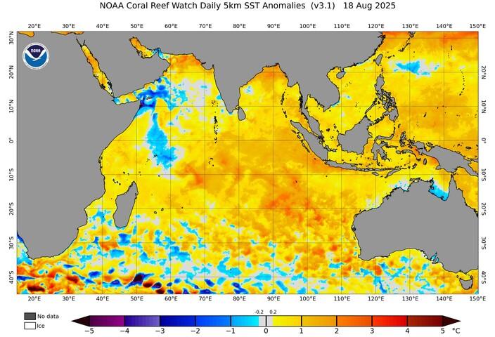 Image: Sea surface temperature anomalies in the Indian Ocean on August 18, 2025. Source: NOAA.