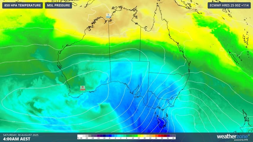 Image: Modelled cold air over southern Australia on Saturday. Source: Weatherzone.