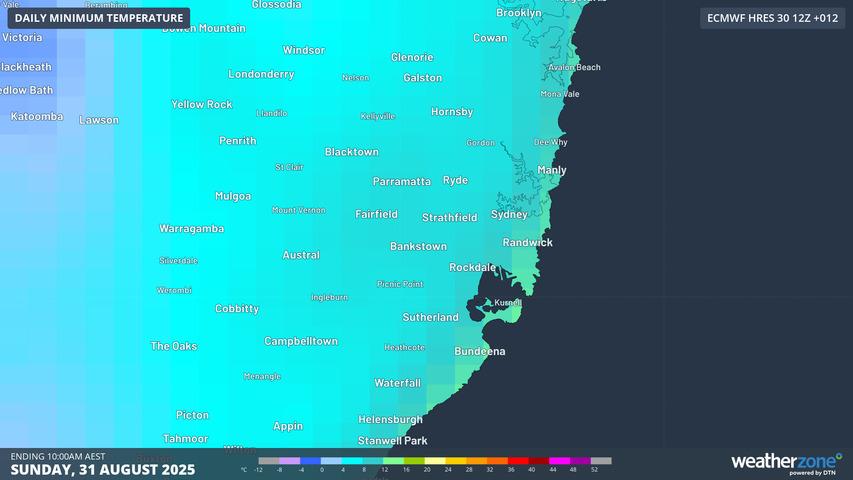 Image: Minimum temperature for Sydney and surrounds, ending 10 am, Sunday, August 31. Source: Weatherzone