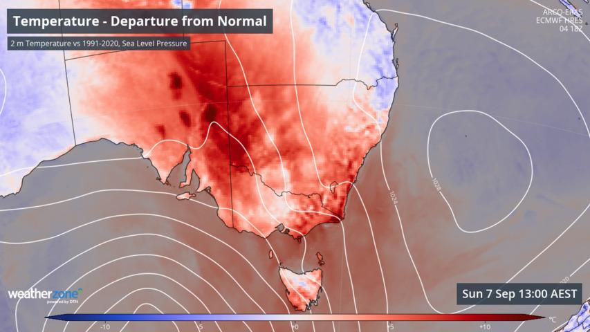 Image: Temperature anomalies will be on the warm side across southeastern Australia this Sunday. Source: Weatherzone