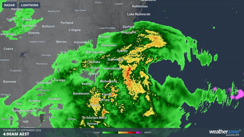 Image: Sydney region radar at 4am on Thursday, September 11, 2025. Source: Weatherzone
