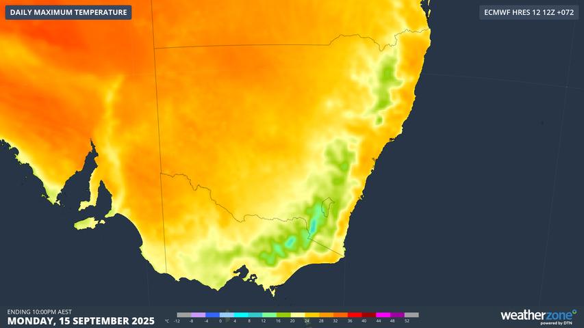 Image: Maximum temperatures for Monday 15 September 2025. Source: Weatherzone
