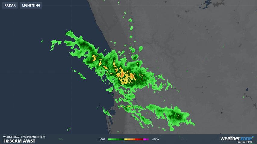 Image: Heavy rain fell across Perth around at 10:30am (AWST) on Wednesday. Source: Weatherzone