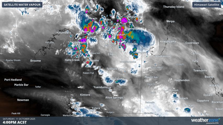 Image: Water Vapour satellite imagery in the Northern Territory. Source: Weatherzone and ECMWF.