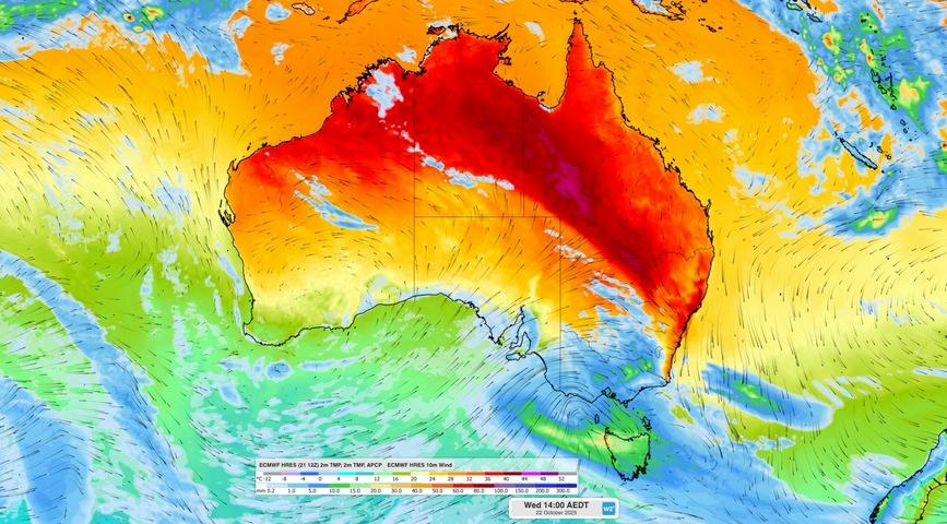 Image: Forecast temperature, wind and 6-hour accumulated precipitation at 2pm AEDT on Wednesday. Source: Weatherzone.