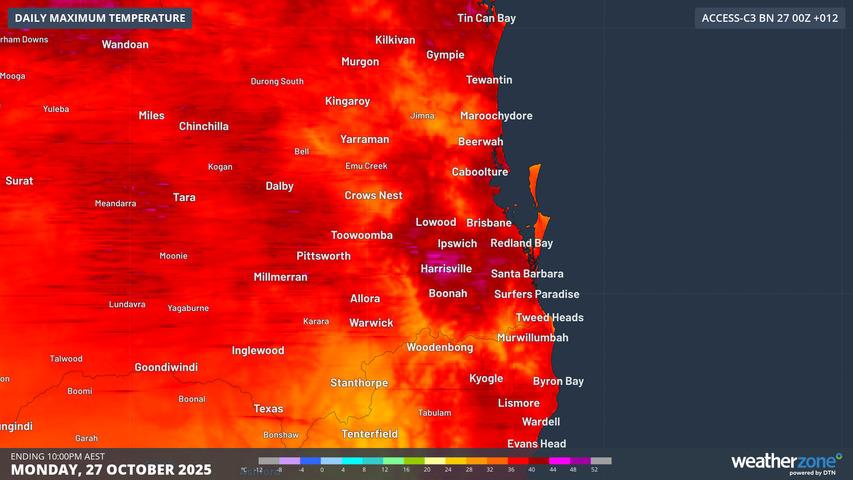 Image: Modelled maximum temperature over southeast Qld on Monday, October 27, 2025.. Source: Weatherzone.