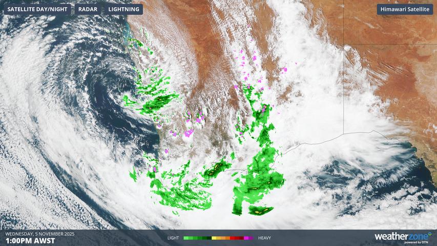 Image: The severe weather is being caused by the cut-off low centred just off Geraldton on Wednesday afternoon. Source: Weatherzone