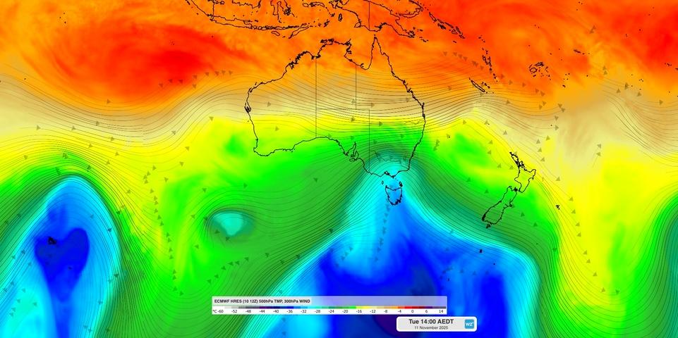 Image: Jet stream winds and 500hPa temperature on Tuesday afternoon. Source: Weatherzone.