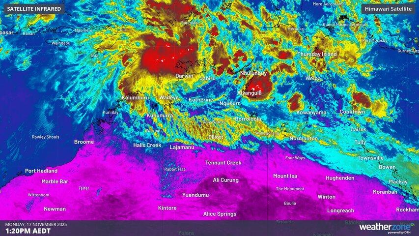 Image: Enhanced infrared satellite image showing a tropical low near the Top End on Monday. Source: Weatherzone.