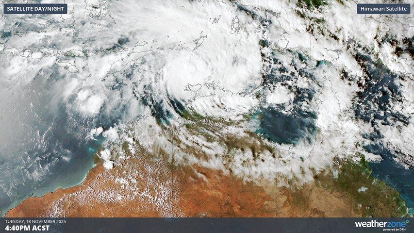 Image: Visible satellite image showing a tropical low near the NT's Top End on Tuesday, November 18, 2025. Source: Weatherzone.