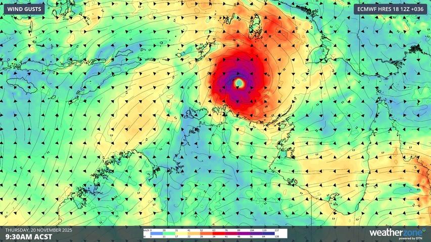 Image: Forecast wind gusts around Tropical Cyclone Fina on Thursday morning. Source: Weatherzone.