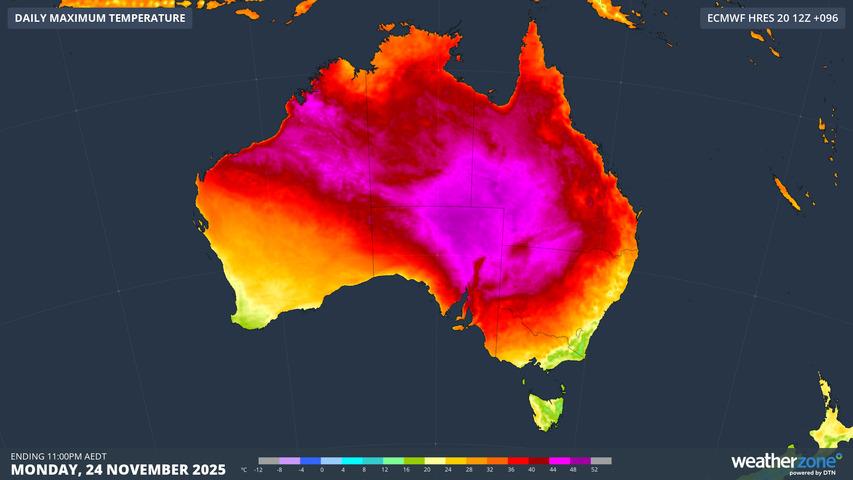 Image: Forecast maximum temperature on Monday, November 24, 2025. Source: Weatherzone.
