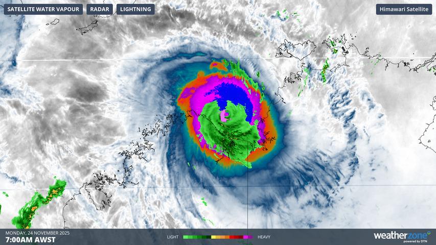 Image: Severe TC Fina was approx. 95 km/h from the nearest part of the WA coastline early on Monday morning. Source: Weatherzone