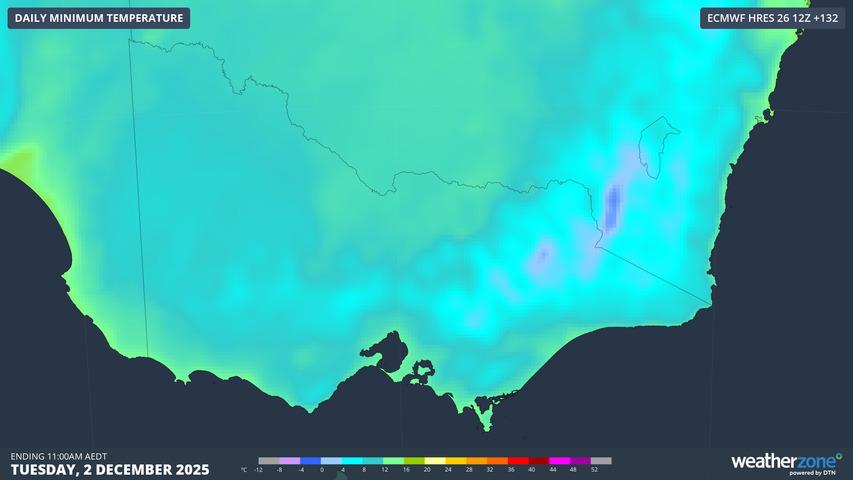 Image: Predicted minimum temperatures across SE Australia according to the ECMWF model for Tuesday, December 2, 2025. Source: Weatherzone