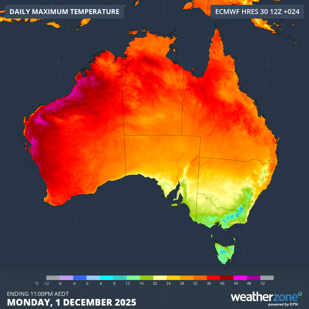Image: Maximum temperatures across Australia predicted by the ECMWF model for Monday, December 1, 2025. Source: Weatherzone