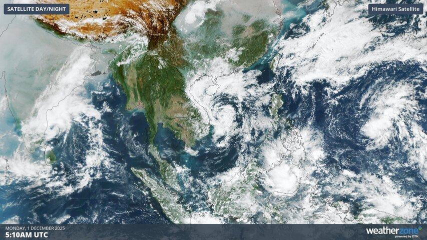 Image: Visible satellite image at 5:10am UTC on December 1, 2025. Source: Weatherzone.
