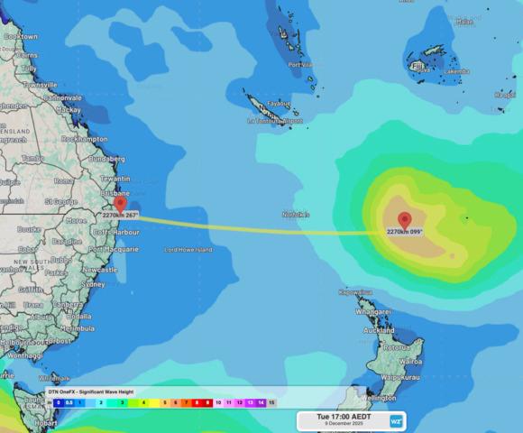 Image: Significant wave heights reaching 5 to 6 metres to the east of Australia on Tuesday, December 9, 2025.. Source: Weatherzone.