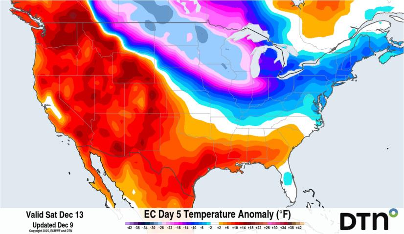 Image: Forecast daily maximum temperature anomaly on Saturday, December 13, 2025. Source: DTN.