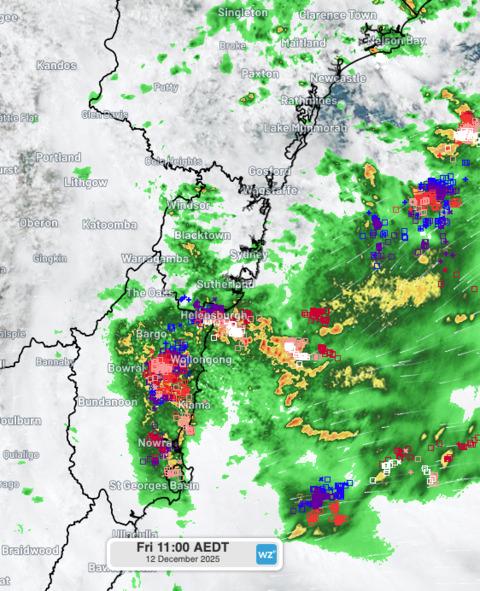 Image: Satellite, lightning and radar imagery over central eastern NSW on Friday morning. Source: Weatherzone