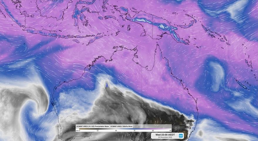 Image: Forecast precipitable water and 700 hPa wind at 11pm AEDT on Wednesday, December 24, 2025. Source: Weatherzone.