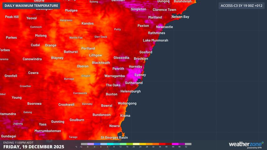 Image: Modelled maximum temperatures over Sydney and central NSW on Friday, December 19, 2025. Source: Weatherzone.