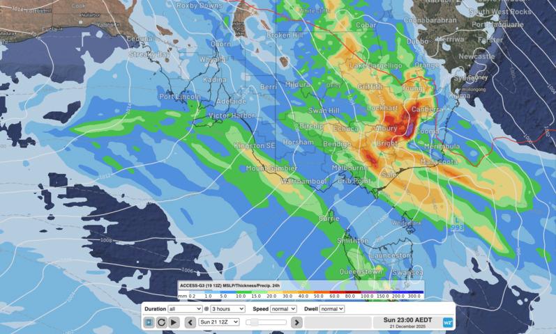 Image: Image: Forecast 24-hour rainfall to 11pm AEDT Sunday 21st, according to the ACCESS-G model. Source: Weatherzone. . Source: Weatherzone