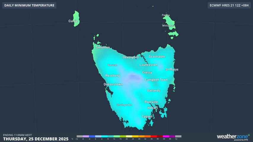 Image: Tasmanian minimums on Christmas morning will feel more like a Northern Hemisphere Christmas. Source: Weatherzone