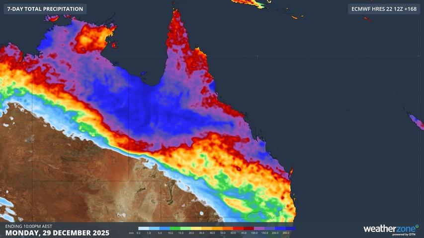 Image: Forecast accumulated rain during the week ending on Monday, December 29, 2025. Source: Weatherzone.