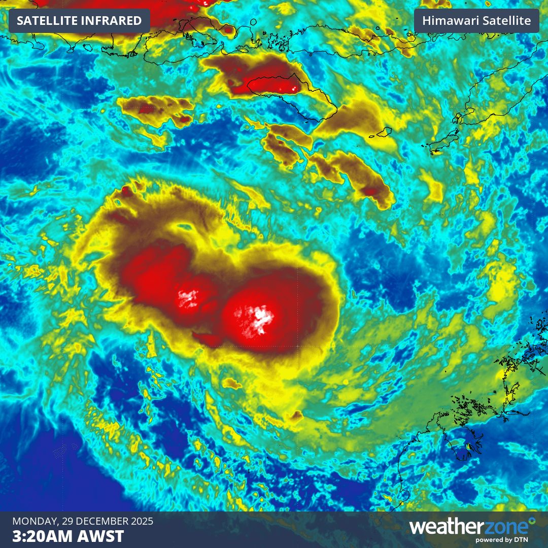 Image: Enhanced infrared satellite image of Tropical Cyclone Hayley on Monday morning. Source: Weatherzone.