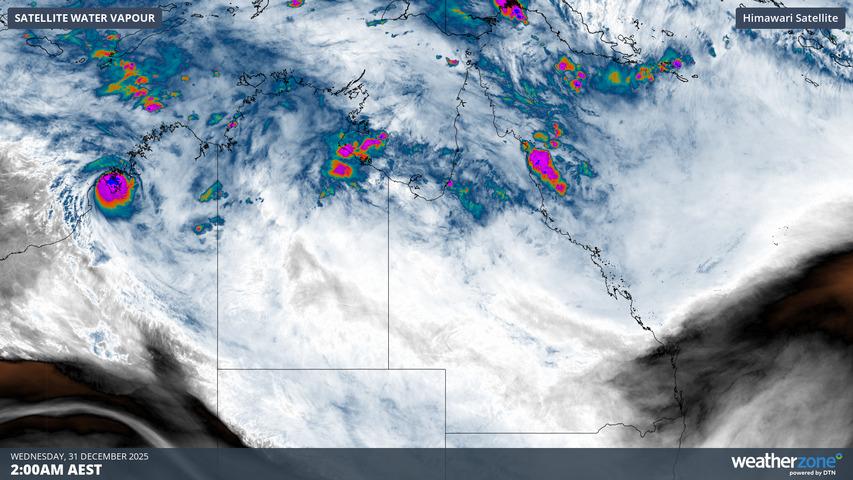 Image: The two distinct tropical weather systems can be seen early on Wednesday morning (AEST). Source: Weatherzone